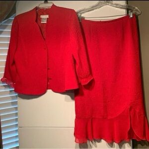 Red woman classy holiday outfit . Skirt / matching top. Size 10 Petite. Ruffle.